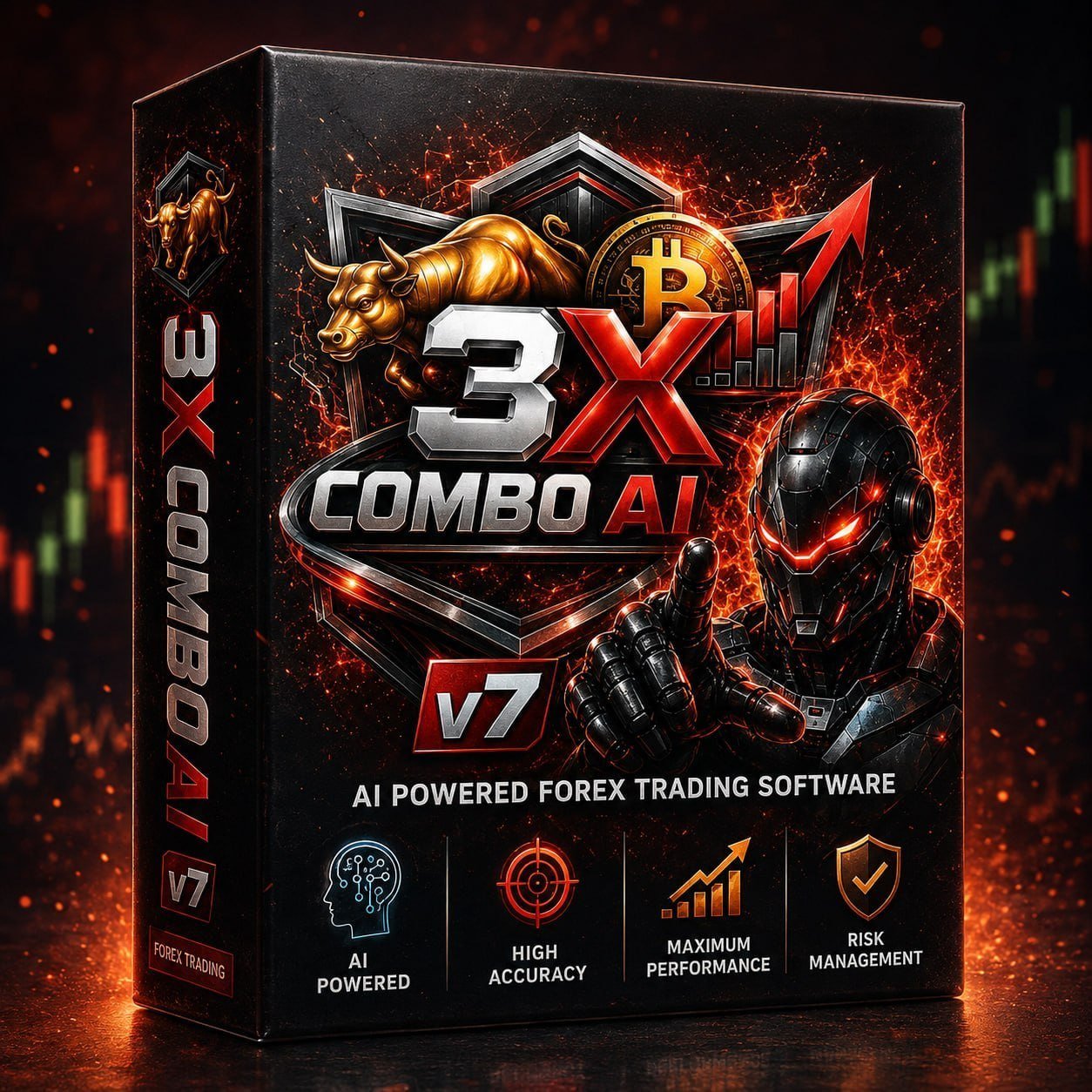 3X Combo AI Bot MT5 box packaging design with a futuristic robotic warrior theme and gold bull icon